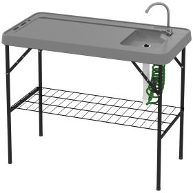 Folding Fish Cleaning Table With Sink, Portable Camping Table With Faucet, Drainage Hose, Sprayer And Shelf, Gray (Option: Gray)